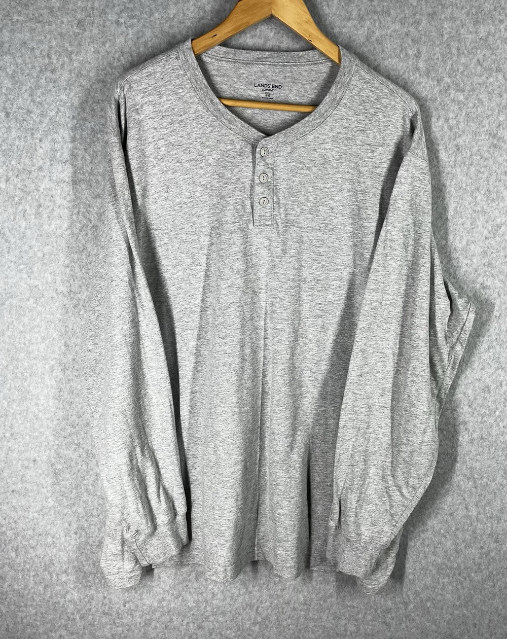Lands End Men's XXL Super-T Henley Gray Cotton Long Sleeve Shirt